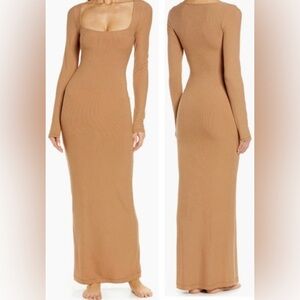 Skims Soft Lounge Long Sleeve Maxi Tan Brown Dress Women’s Sz XL Stretch Ribbed